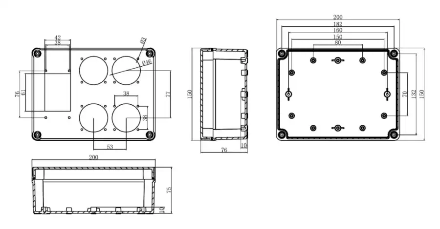 Four Sockets dimensional line drawing