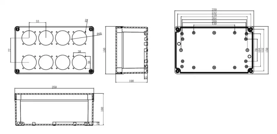 Eight Sockets dimensional line drawing