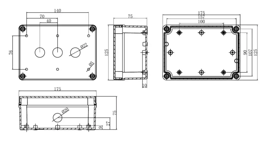 Three-hole dimensional line drawing