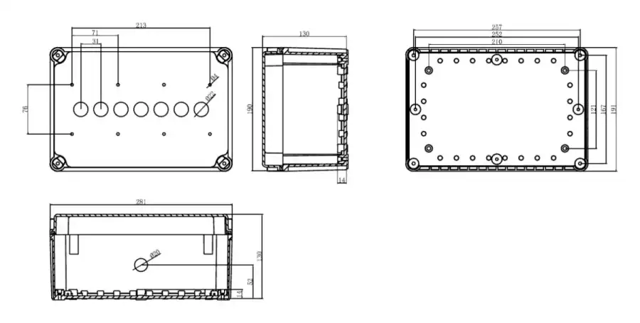 Seven-hole dimensional line drawing